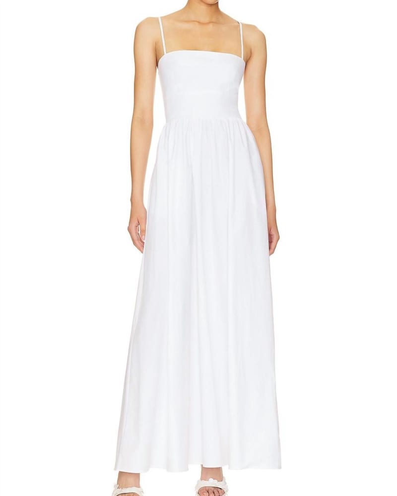 Front of a model wearing a size L Poplin Open Back Dress In Sugar in Sugar by Susana Monaco. | dia_product_style_image_id:342367